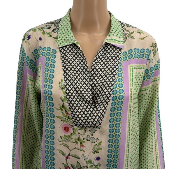 Johnny Was Silk Multi Pattern Collared Long Sleeve Blouse S - Picture 2 of 8